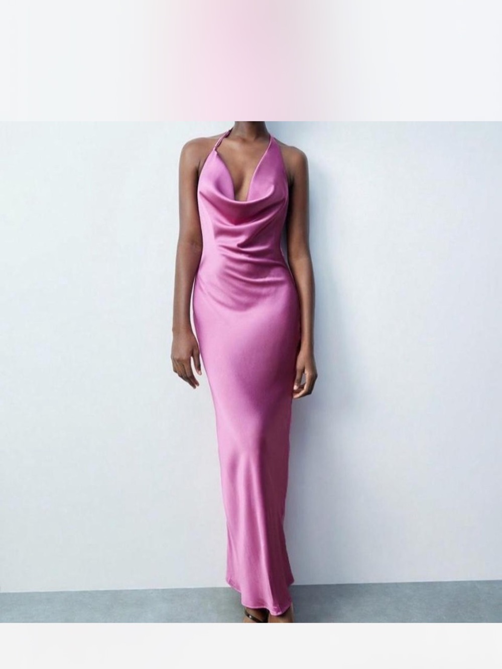 Pink Satin Cowl Halter Maxi Dress